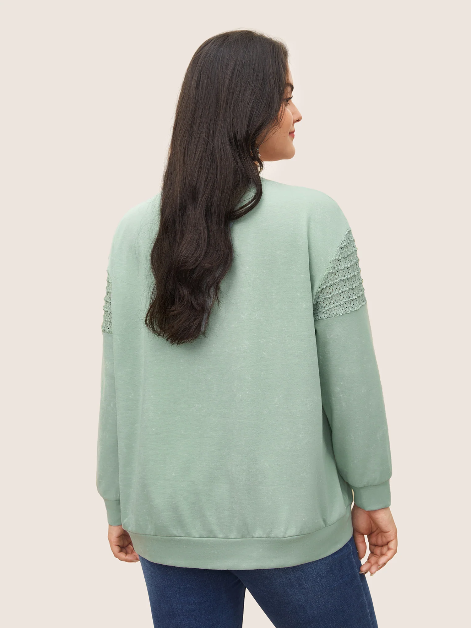 Solid Lace Panel Drop Shoulder Sweatshirt - Image 2