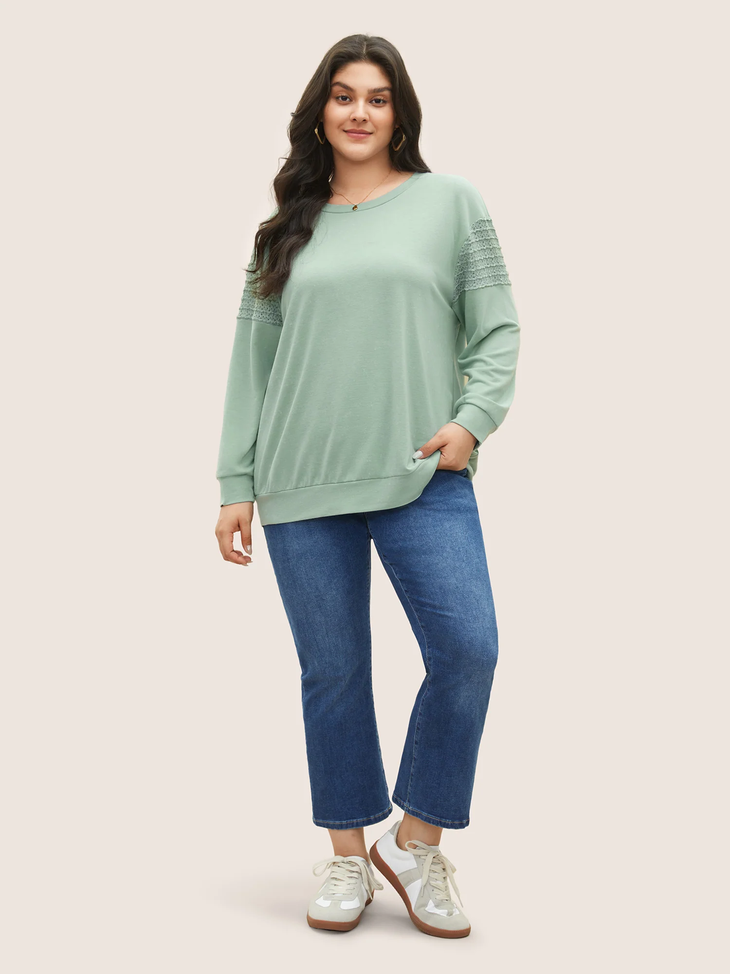 Solid Lace Panel Drop Shoulder Sweatshirt - Image 3