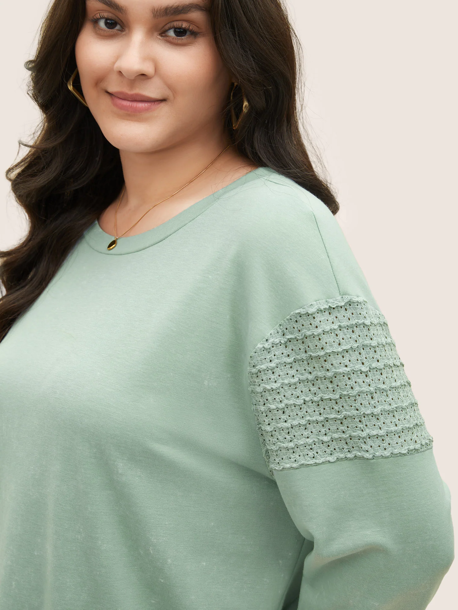 Solid Lace Panel Drop Shoulder Sweatshirt - Image 4