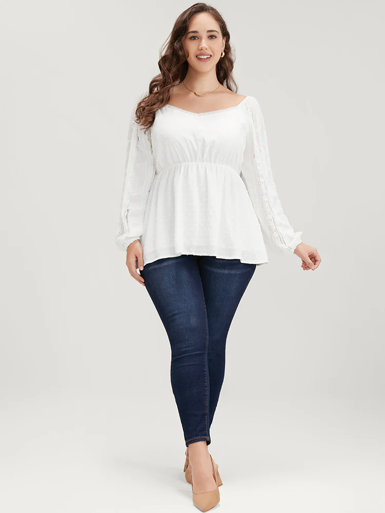 Solid Lace Patchwork Lantern Sleeve Blouse - Image 2