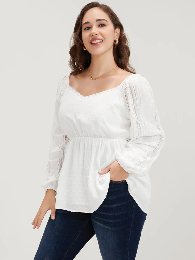 Solid Lace Patchwork Lantern Sleeve Blouse - Image 3