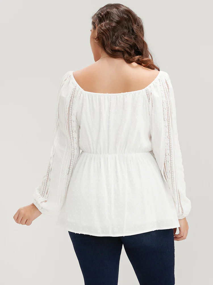 Solid Lace Patchwork Lantern Sleeve Blouse - Image 4