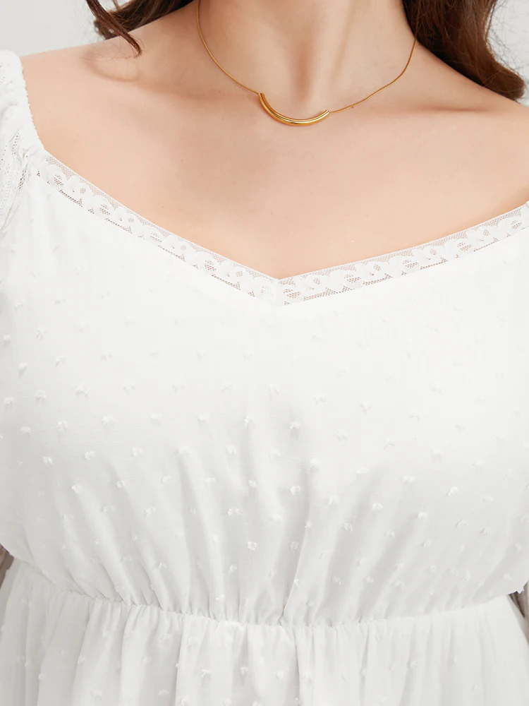 Solid Lace Patchwork Lantern Sleeve Blouse - Image 5