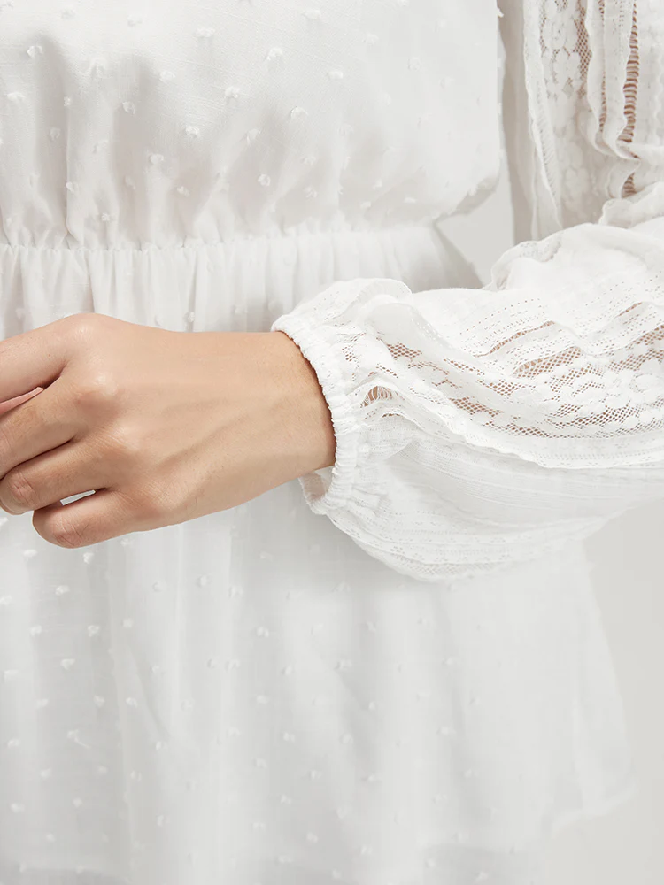 Solid Lace Patchwork Lantern Sleeve Blouse - Image 7