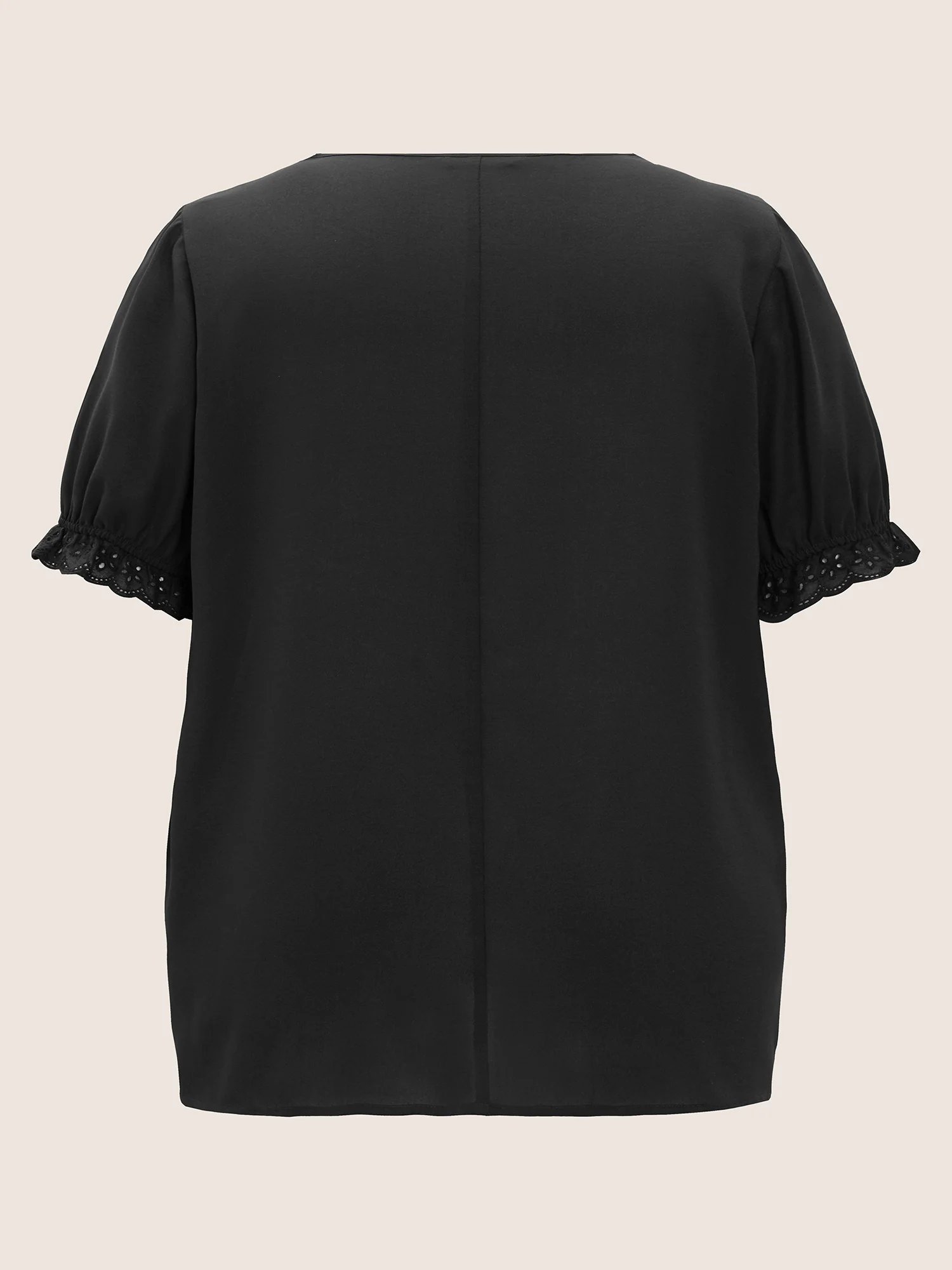 Solid Lace Trim Button Up Laser Cut Puff Sleeve Blouse - Image 10