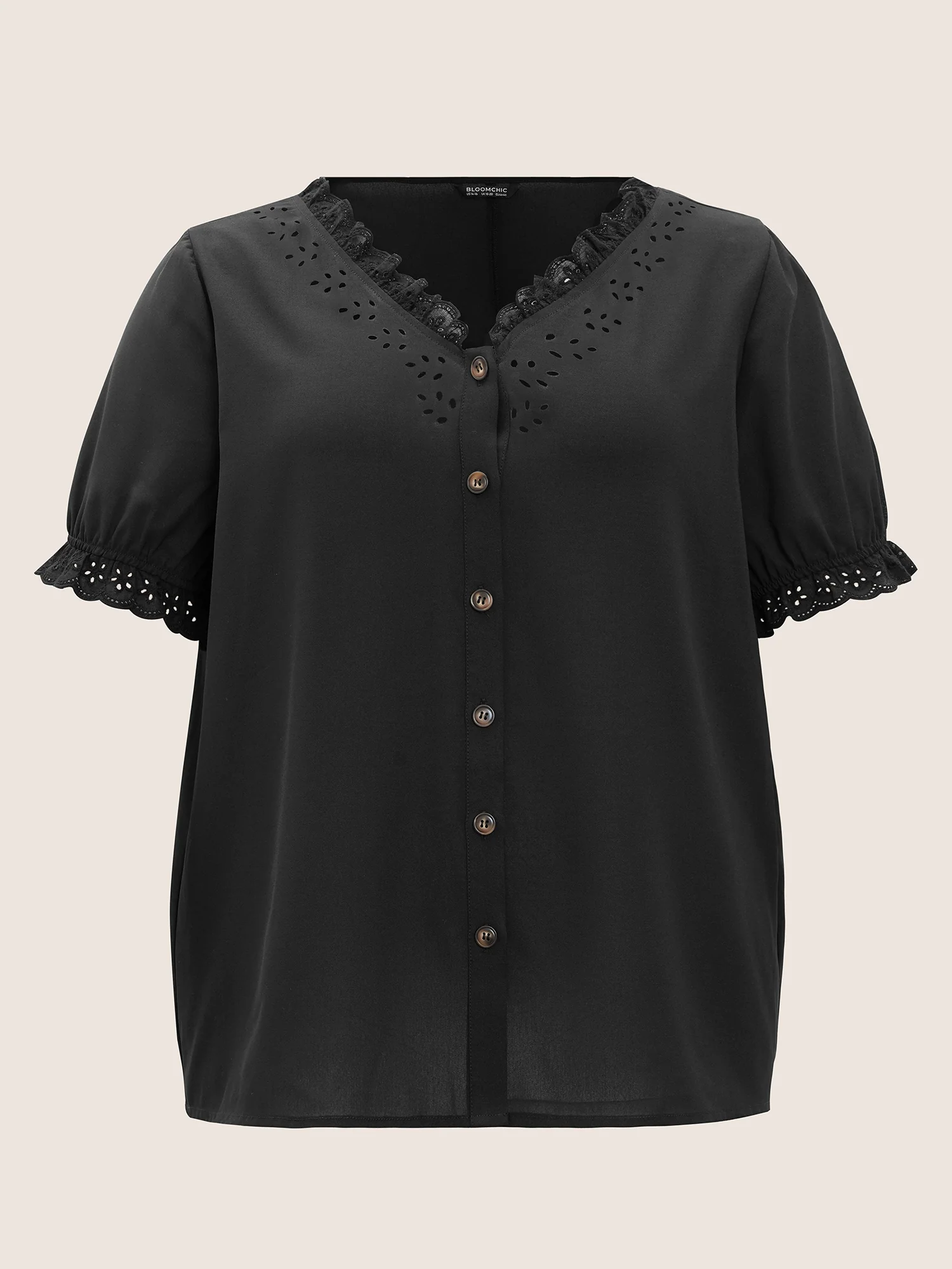 Solid Lace Trim Button Up Laser Cut Puff Sleeve Blouse - Image 11