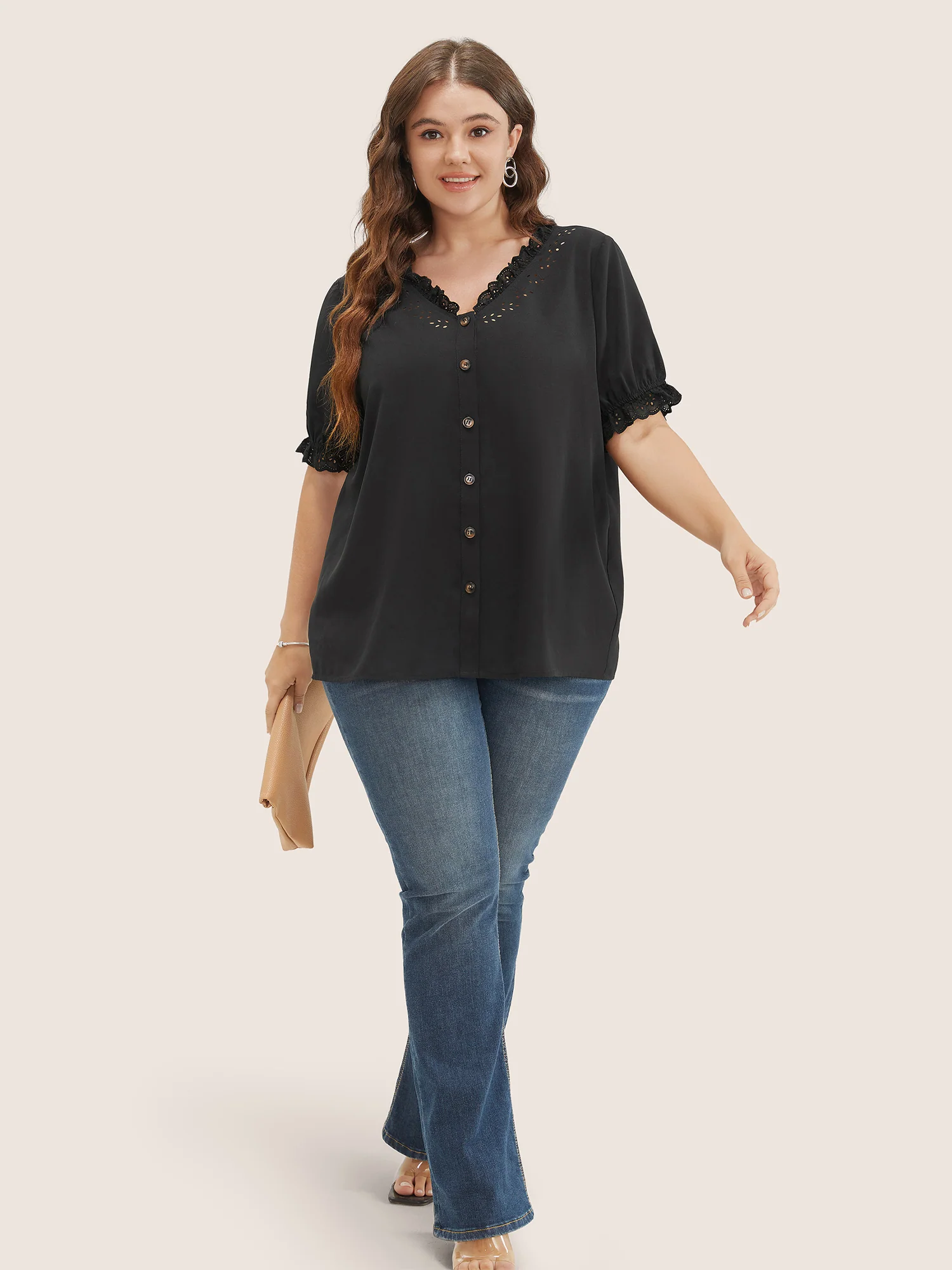 Solid Lace Trim Button Up Laser Cut Puff Sleeve Blouse - Image 2