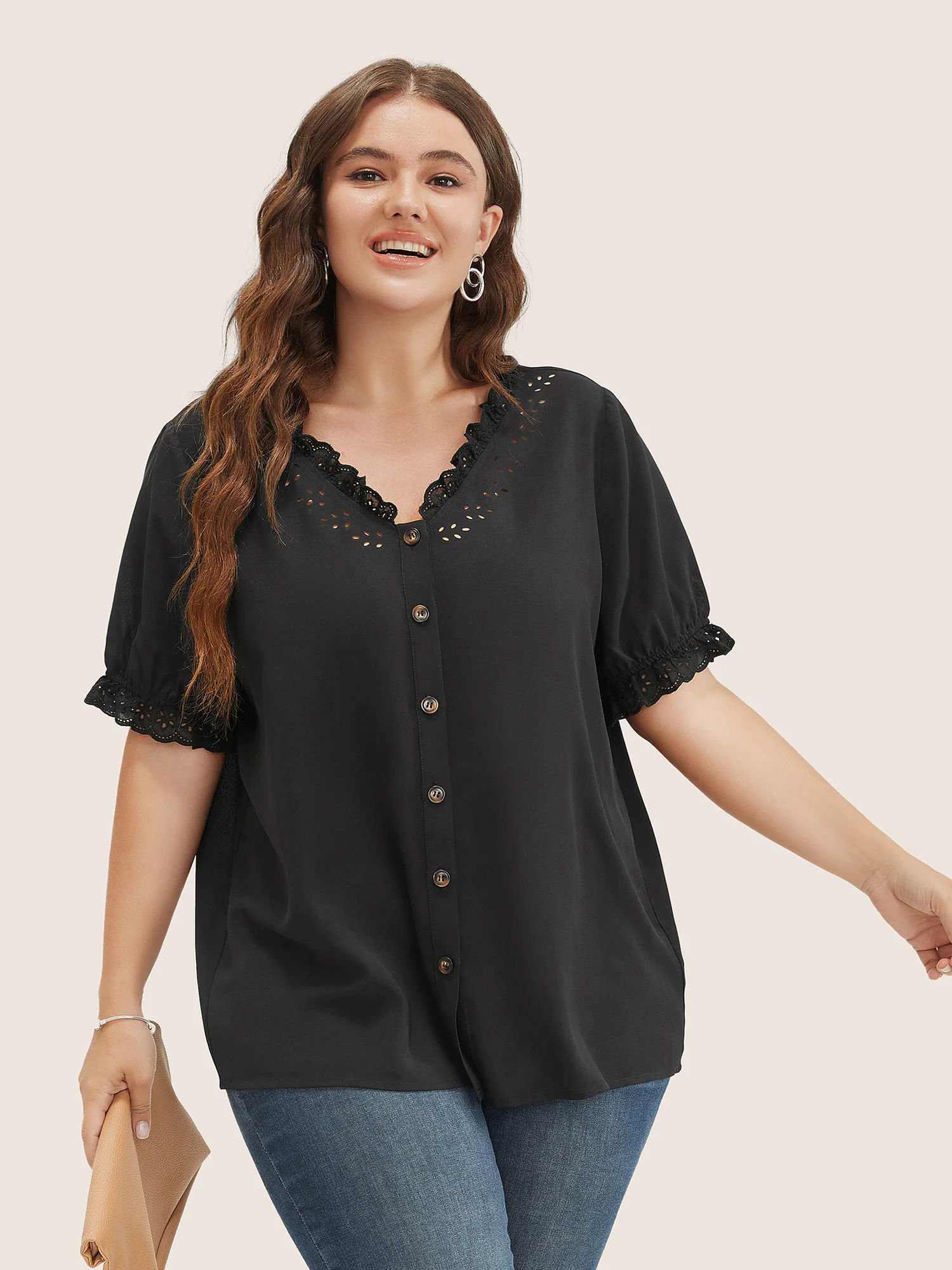 Solid Lace Trim Button Up Laser Cut Puff Sleeve Blouse - Image 3
