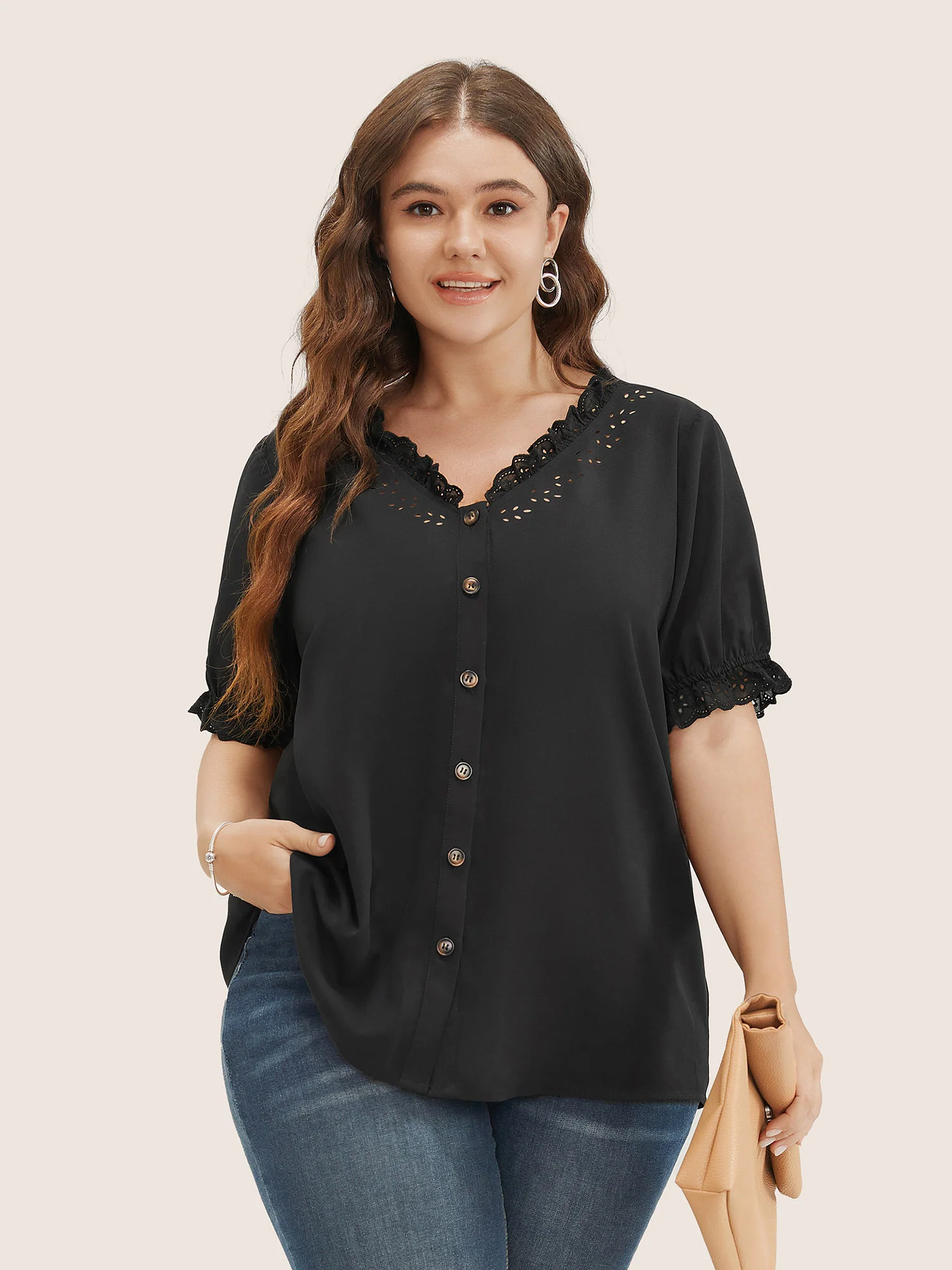Solid Lace Trim Button Up Laser Cut Puff Sleeve Blouse - Image 4