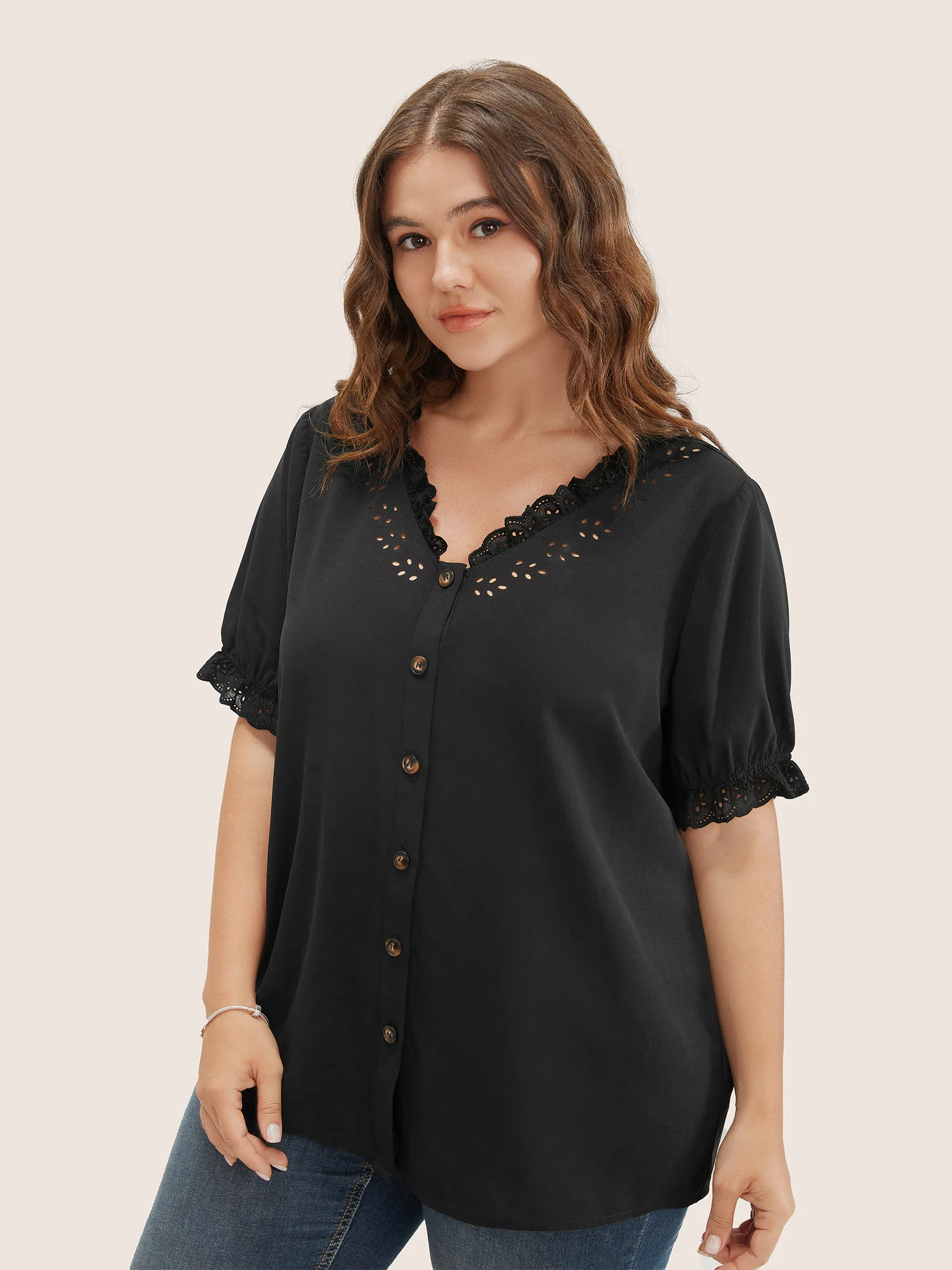 Solid Lace Trim Button Up Laser Cut Puff Sleeve Blouse - Image 5