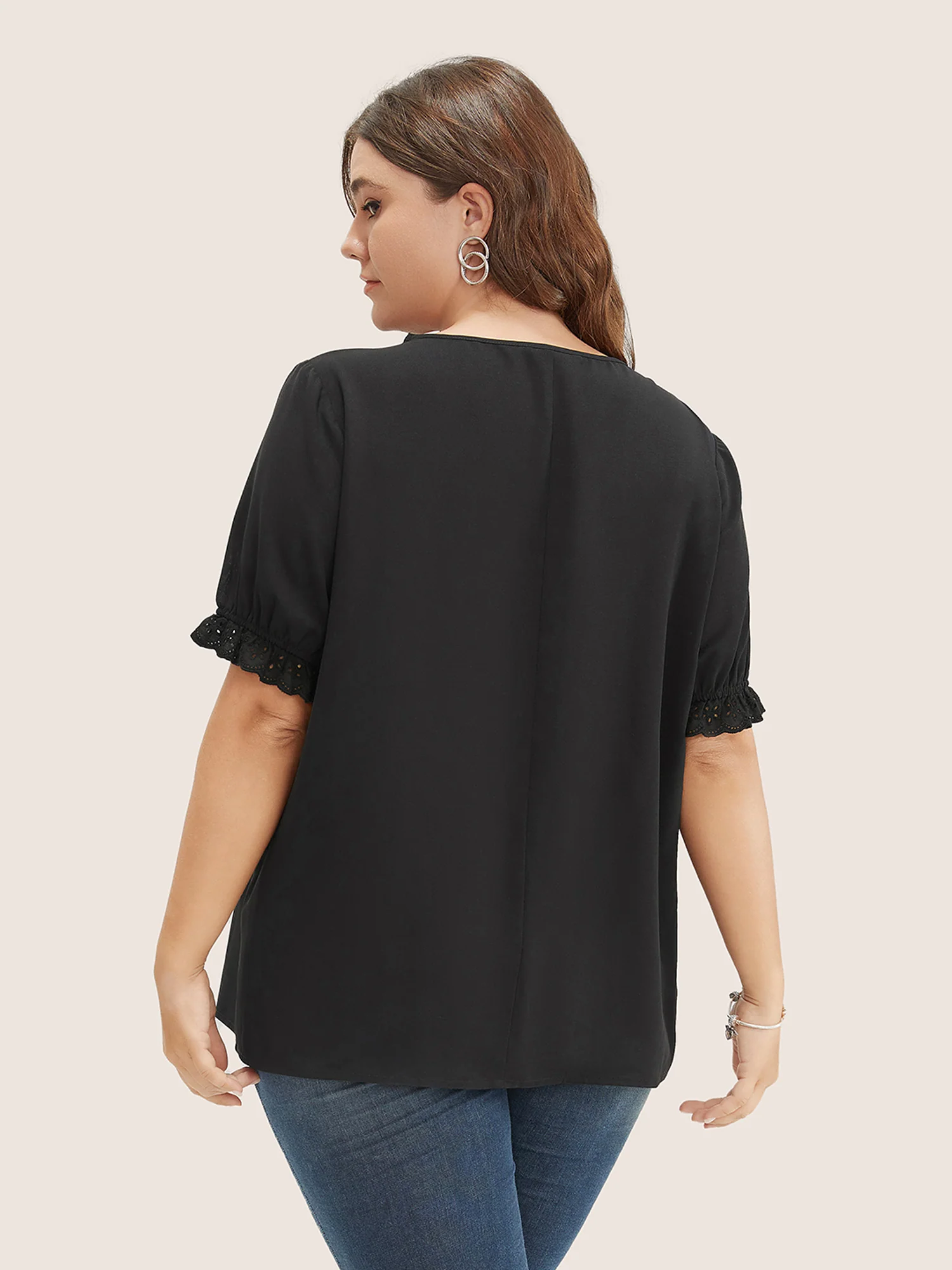 Solid Lace Trim Button Up Laser Cut Puff Sleeve Blouse - Image 6