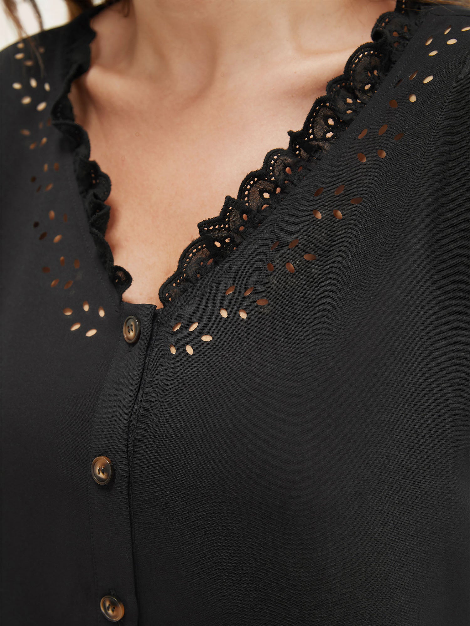 Solid Lace Trim Button Up Laser Cut Puff Sleeve Blouse - Image 7