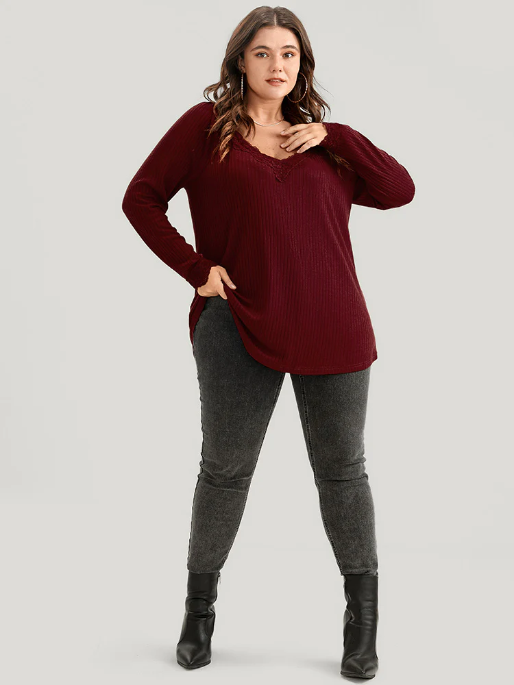 Solid Lace Trim Rib Knit Long Tee - Image 2