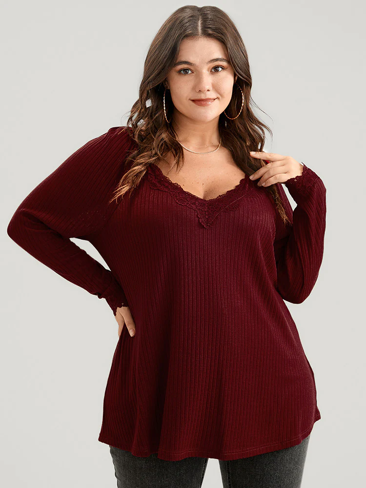 Solid Lace Trim Rib Knit Long Tee - Image 3
