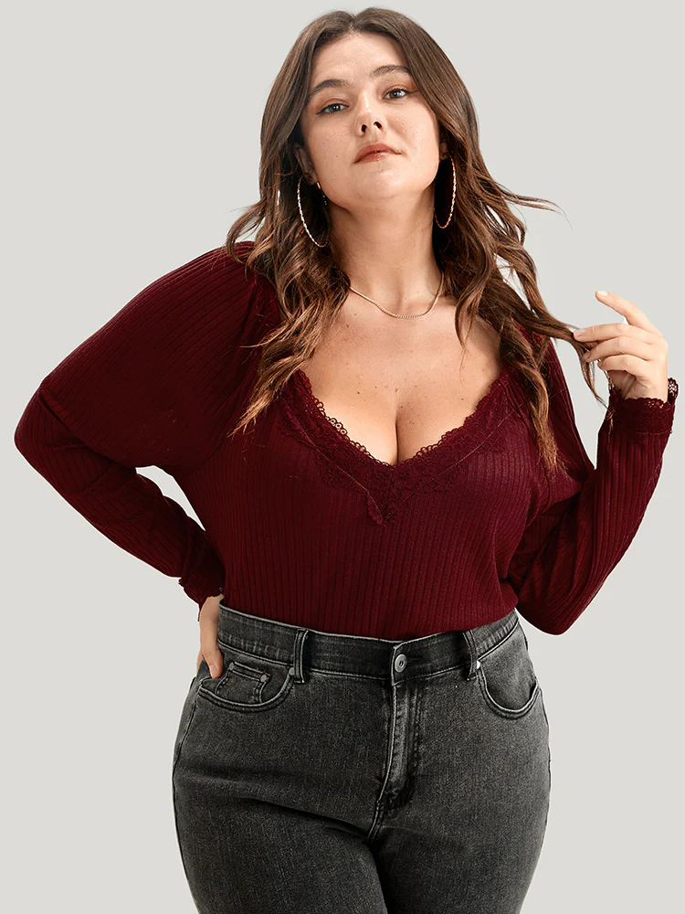 Solid Lace Trim Rib Knit Long Tee - Image 4