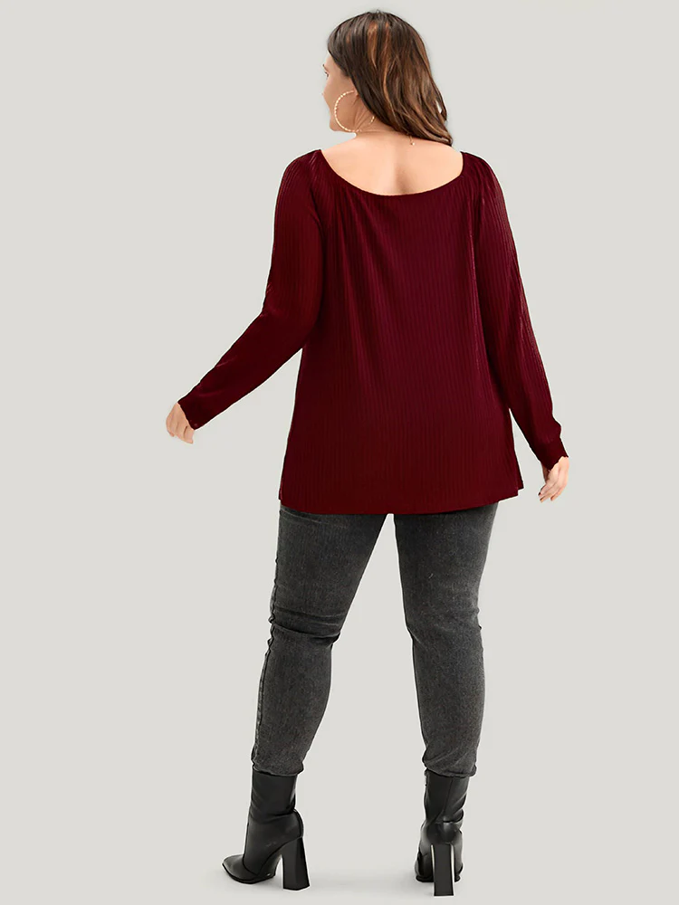 Solid Lace Trim Rib Knit Long Tee - Image 5