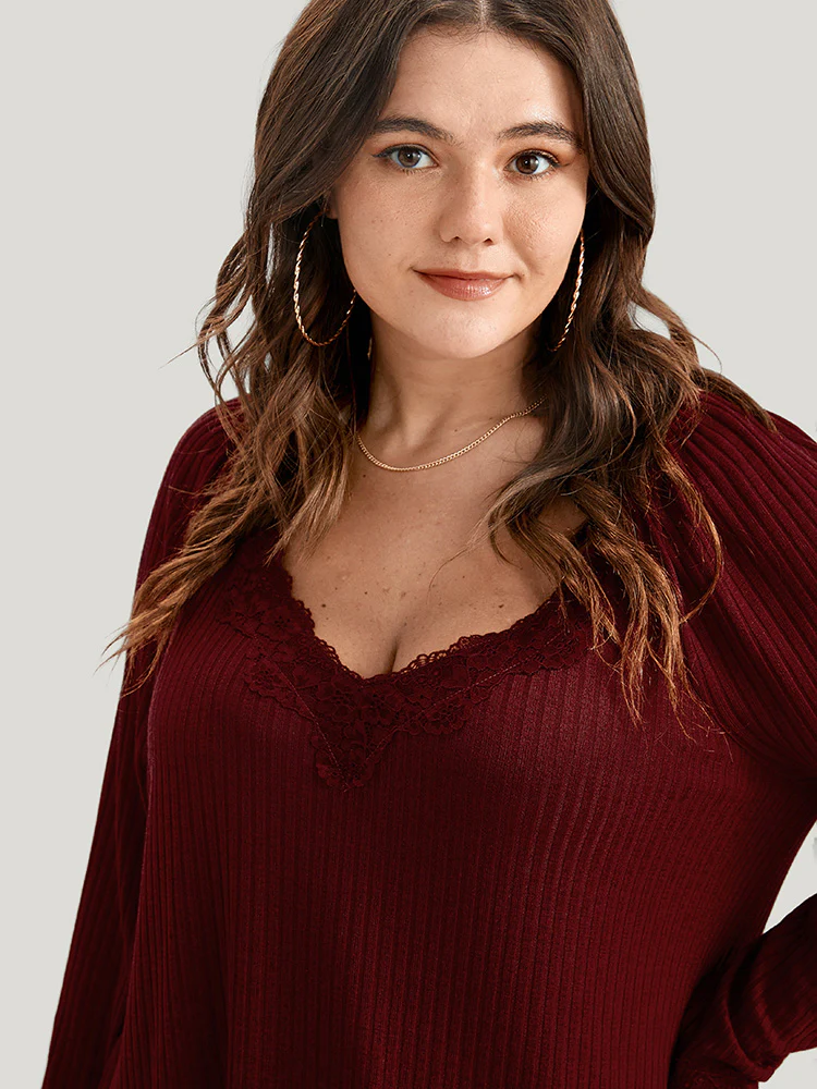 Solid Lace Trim Rib Knit Long Tee - Image 6