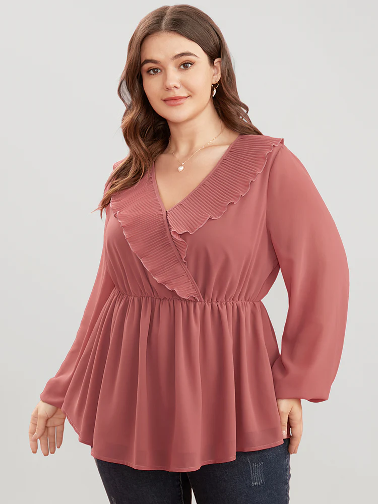 Solid Lantern Sleeve Pleated Ruffle Trim Wrap Blouse - Image 2