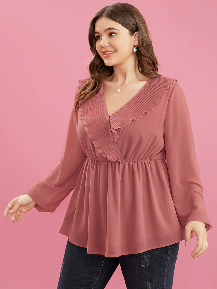 Solid Lantern Sleeve Pleated Ruffle Trim Wrap Blouse - Image 3