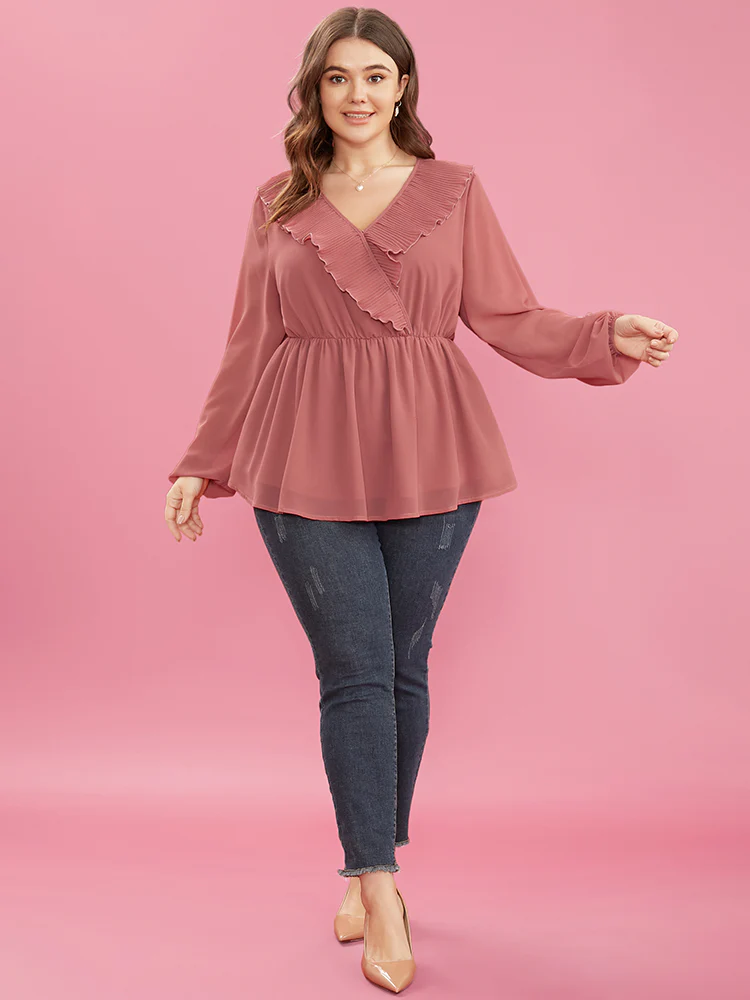 Solid Lantern Sleeve Pleated Ruffle Trim Wrap Blouse - Image 4