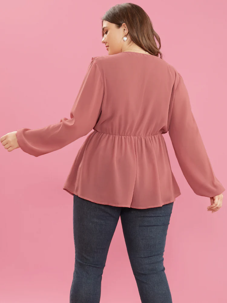 Solid Lantern Sleeve Pleated Ruffle Trim Wrap Blouse - Image 5