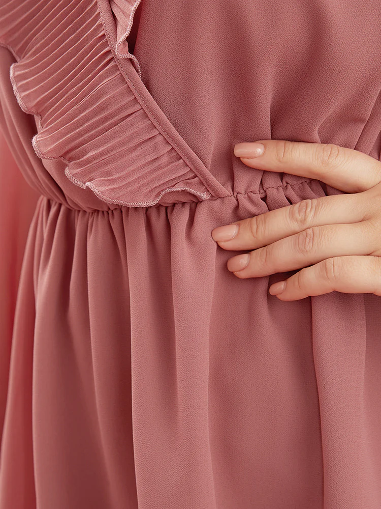 Solid Lantern Sleeve Pleated Ruffle Trim Wrap Blouse - Image 6