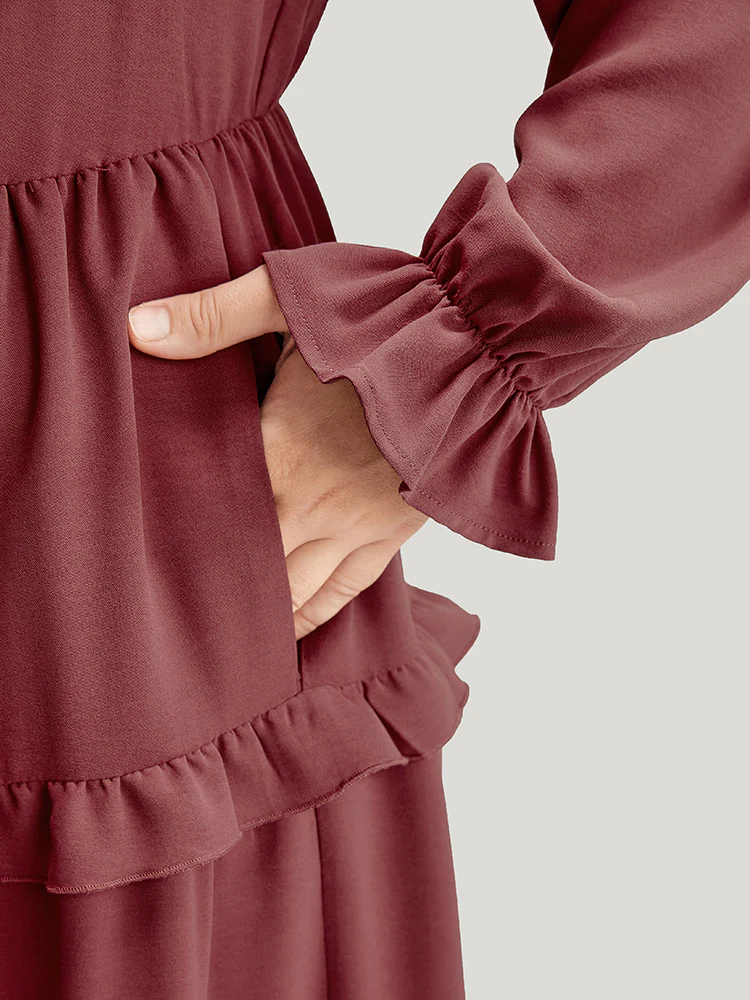 Solid Lantern Sleeve Pocket Ruffle Hem Dress - Image 2