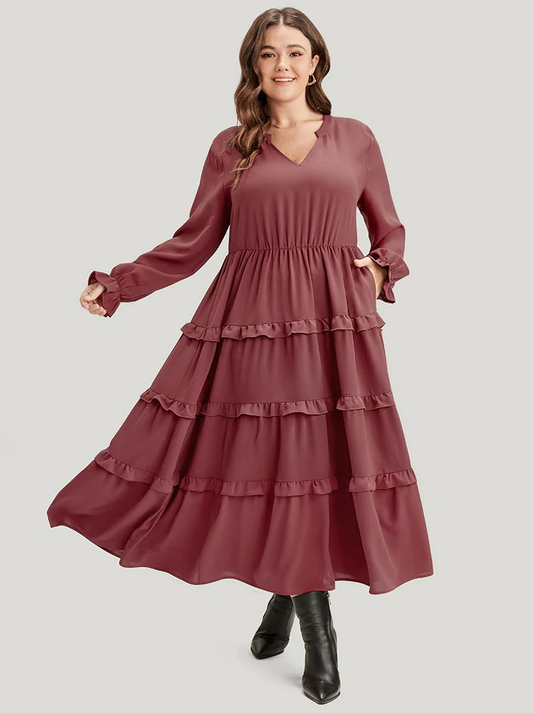 Solid Lantern Sleeve Pocket Ruffle Hem Dress - Image 3