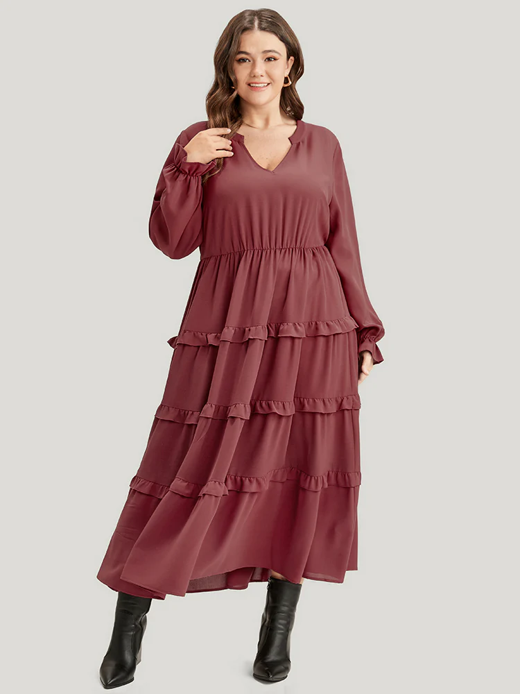 Solid Lantern Sleeve Pocket Ruffle Hem Dress - Image 4