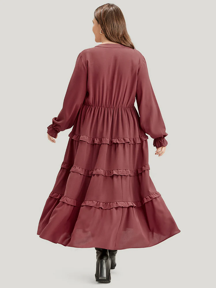 Solid Lantern Sleeve Pocket Ruffle Hem Dress - Image 5