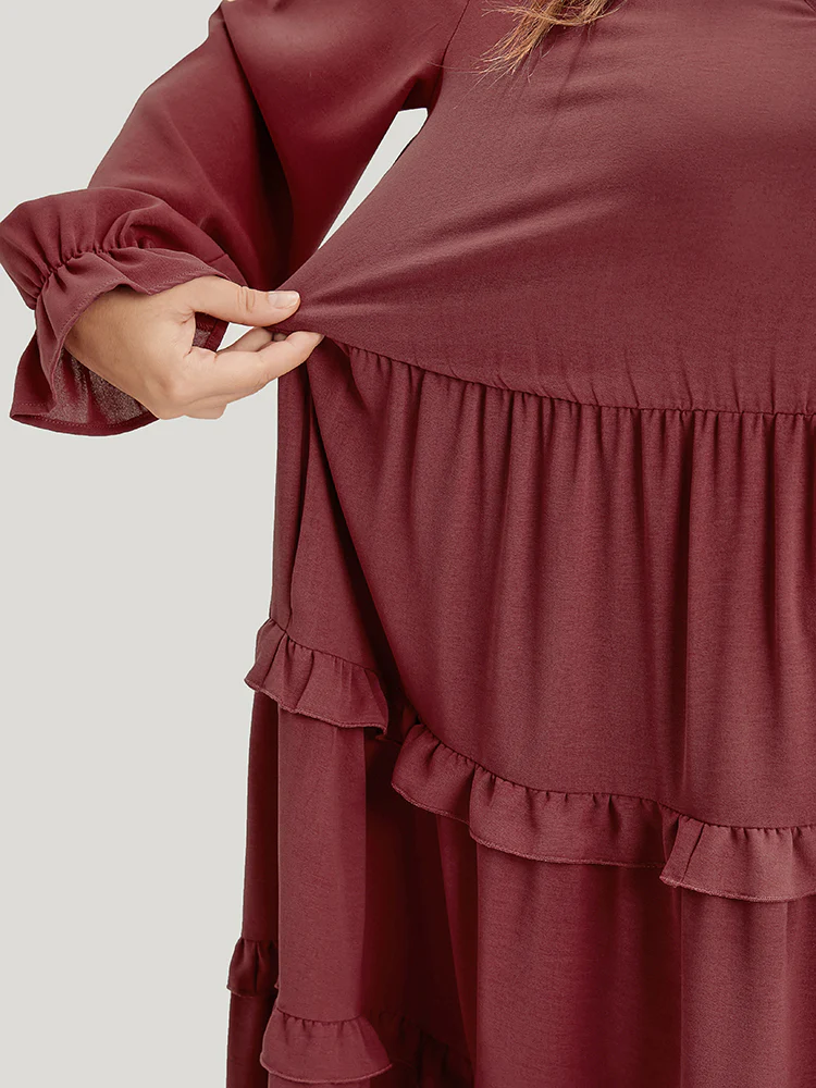 Solid Lantern Sleeve Pocket Ruffle Hem Dress - Image 8