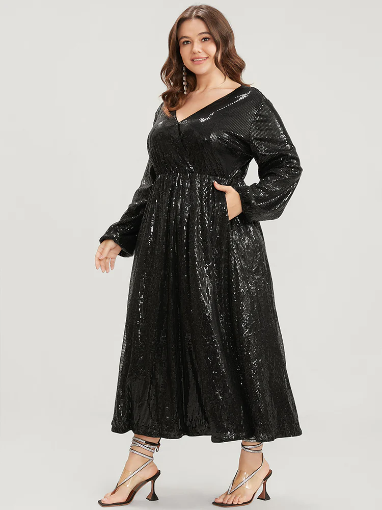 Solid Lantern Sleeve Pocket Wrap Sequin Maxi Dress - Image 2
