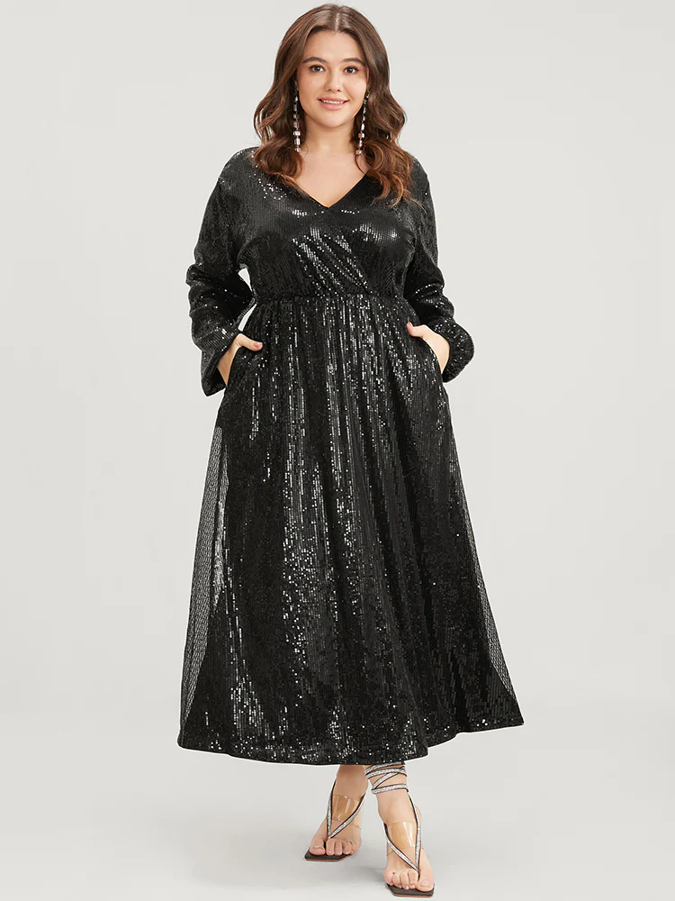 Solid Lantern Sleeve Pocket Wrap Sequin Maxi Dress - Image 3