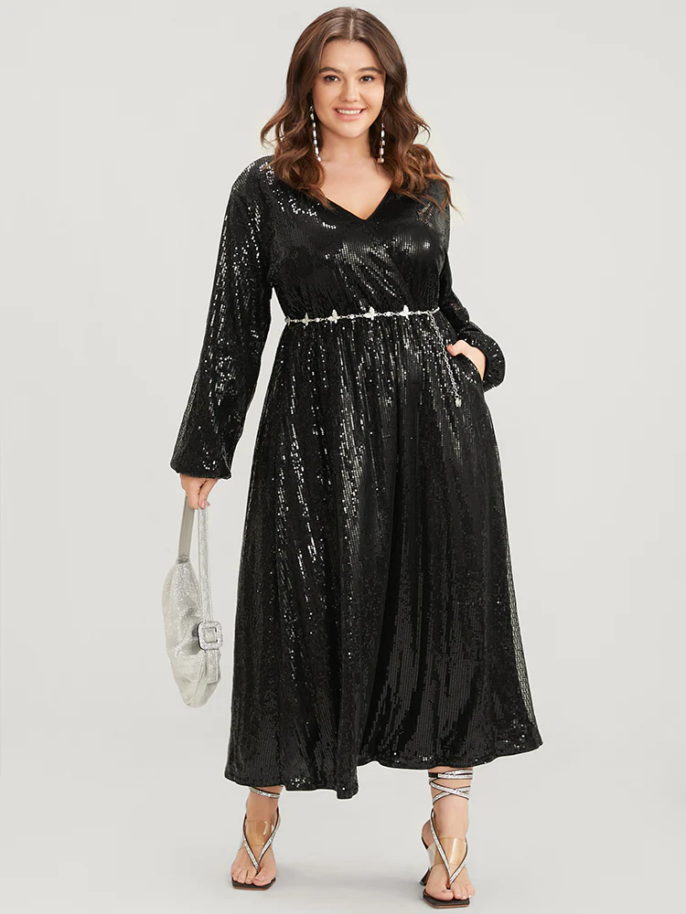 Solid Lantern Sleeve Pocket Wrap Sequin Maxi Dress - Image 4