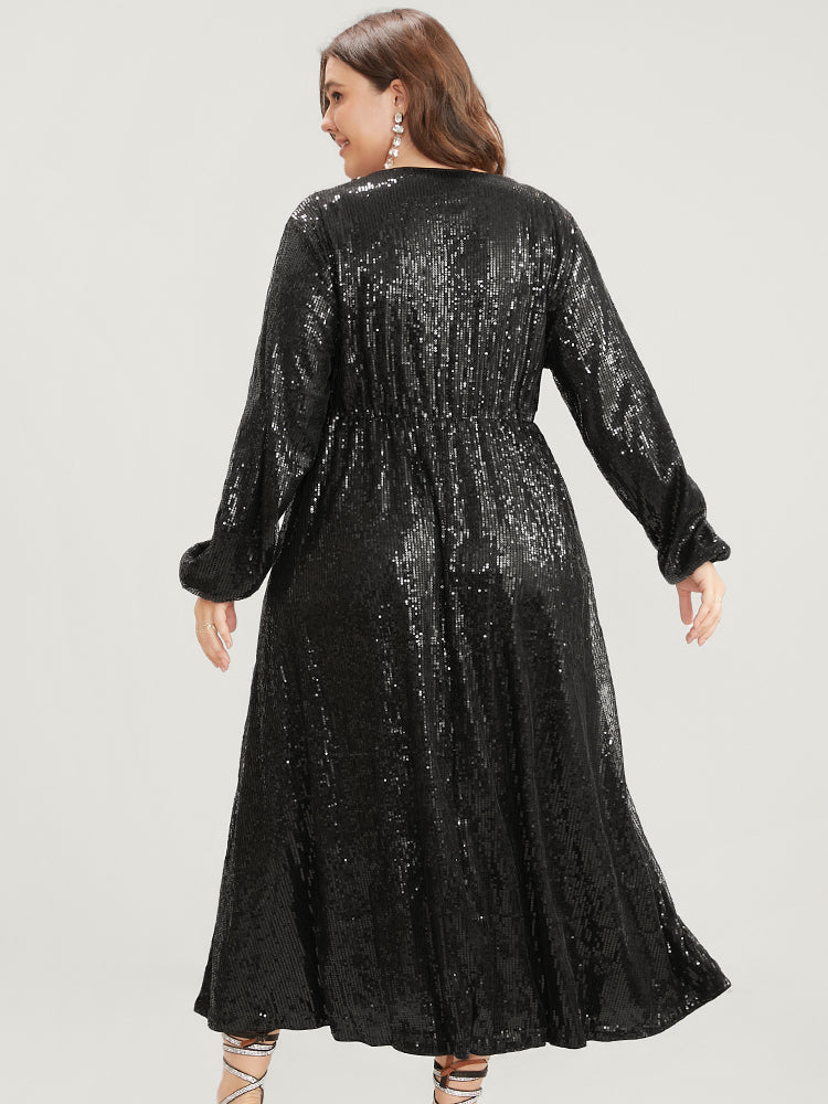 Solid Lantern Sleeve Pocket Wrap Sequin Maxi Dress - Image 5