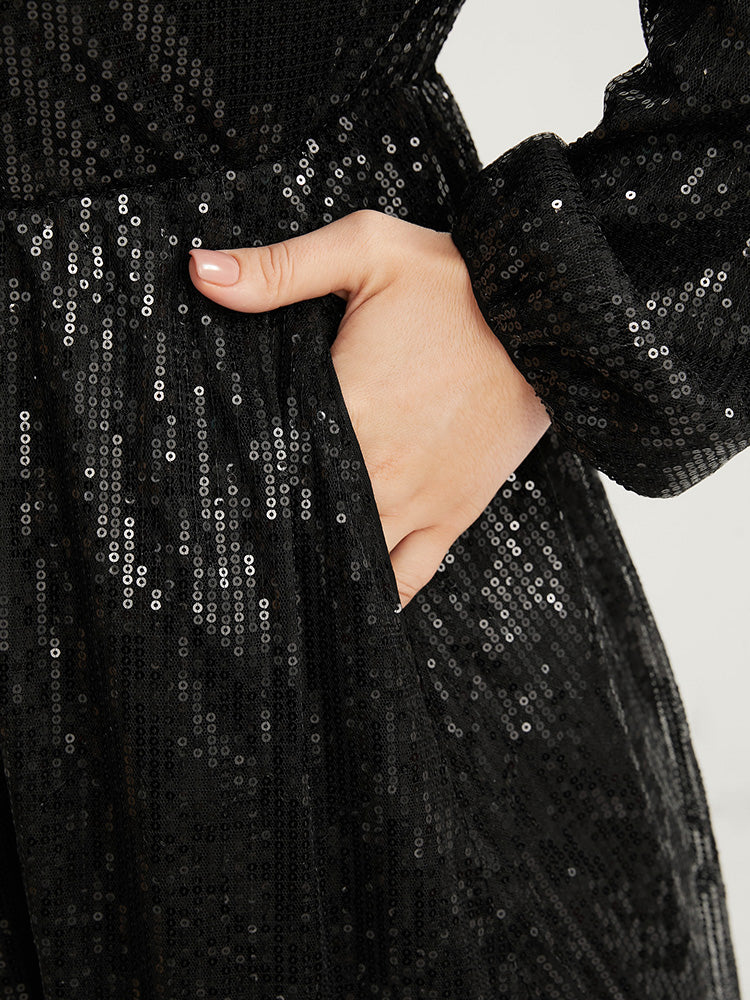 Solid Lantern Sleeve Pocket Wrap Sequin Maxi Dress - Image 7