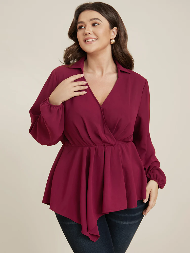 Solid Lantern Sleeve Surplice Neck Asymmetrical Hem Blouse - Image 2