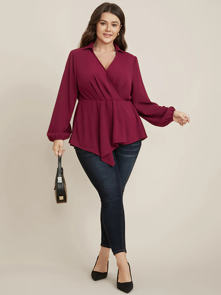 Solid Lantern Sleeve Surplice Neck Asymmetrical Hem Blouse - Image 3