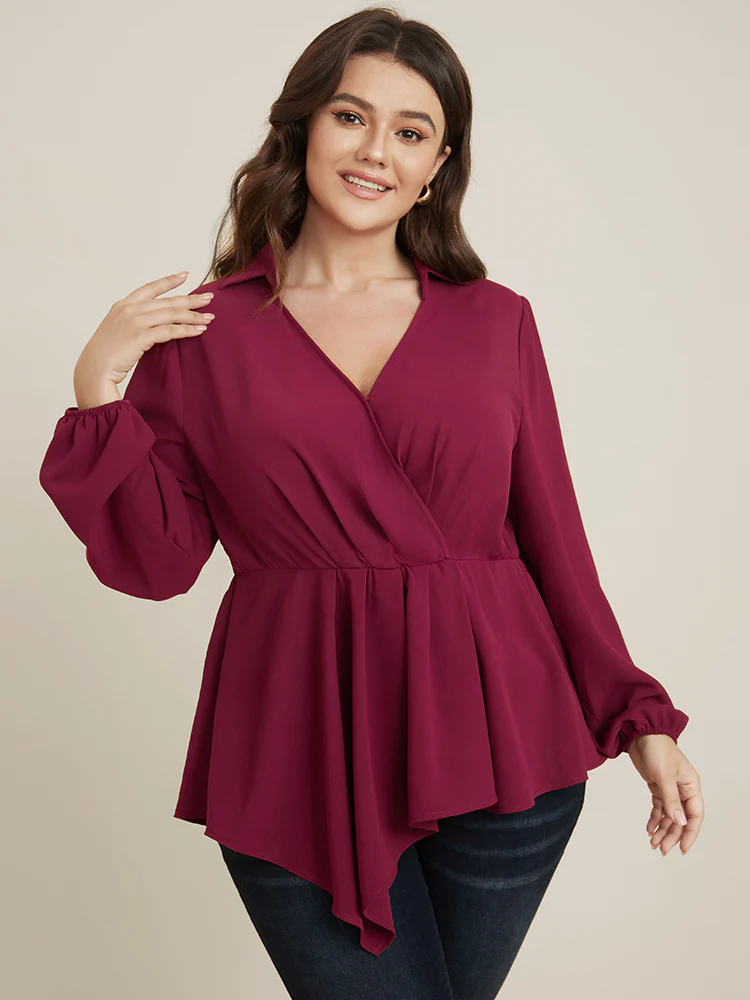 Solid Lantern Sleeve Surplice Neck Asymmetrical Hem Blouse - Image 4