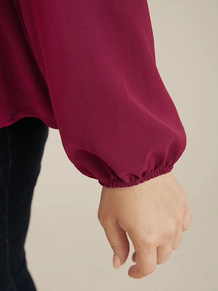 Solid Lantern Sleeve Surplice Neck Asymmetrical Hem Blouse - Image 6