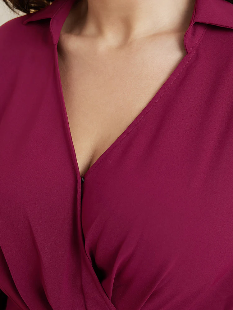 Solid Lantern Sleeve Surplice Neck Asymmetrical Hem Blouse - Image 7