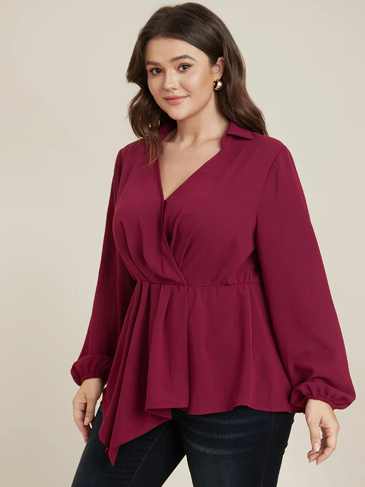 Solid Lantern Sleeve Surplice Neck Asymmetrical Hem Blouse - Image 8