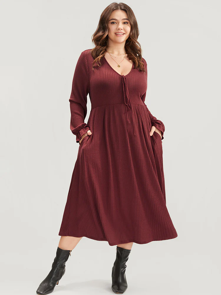 Solid Lantern Sleeve Tie Neck Pocket Rib Knit Dress - Image 2