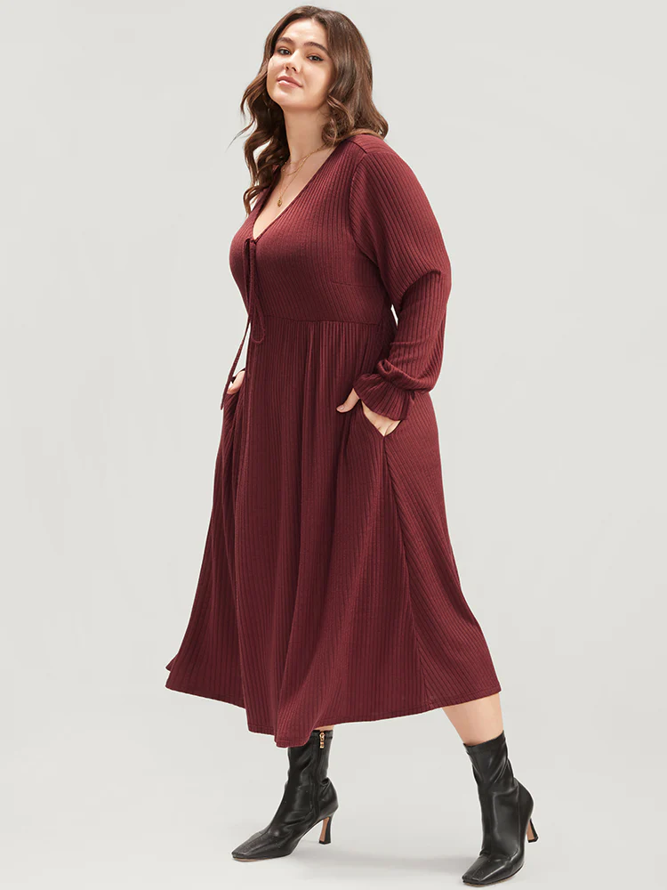 Solid Lantern Sleeve Tie Neck Pocket Rib Knit Dress - Image 3