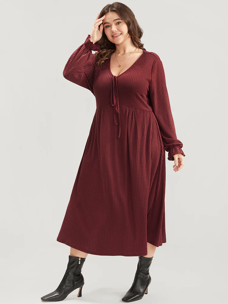 Solid Lantern Sleeve Tie Neck Pocket Rib Knit Dress - Image 4