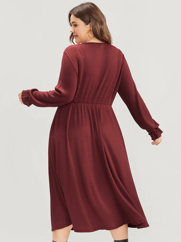 Solid Lantern Sleeve Tie Neck Pocket Rib Knit Dress - Image 5