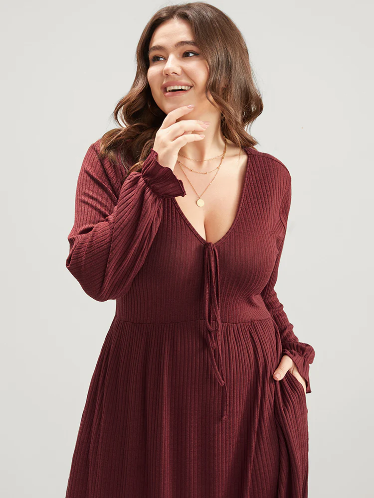 Solid Lantern Sleeve Tie Neck Pocket Rib Knit Dress - Image 6