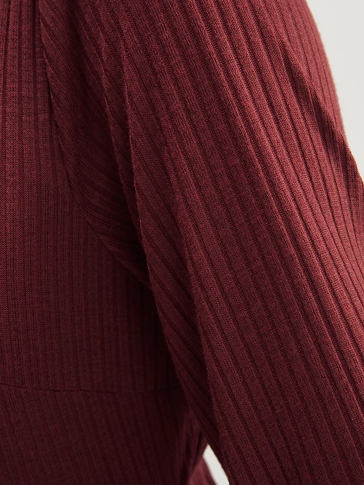 Solid Lantern Sleeve Tie Neck Pocket Rib Knit Dress - Image 8
