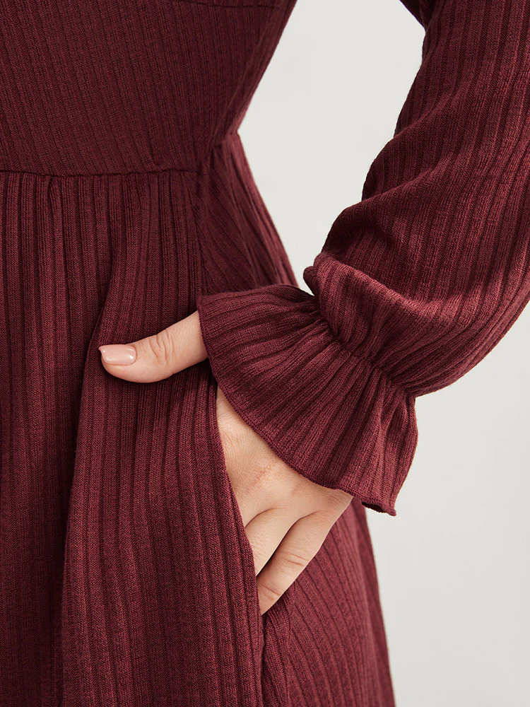 Solid Lantern Sleeve Tie Neck Pocket Rib Knit Dress - Image 9
