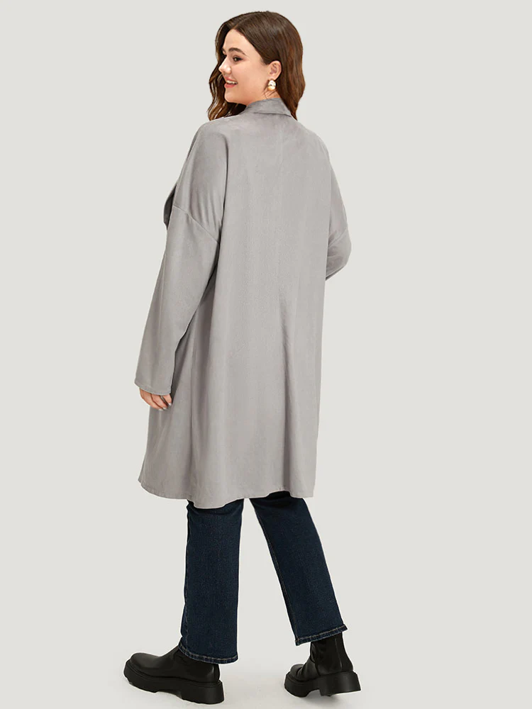 Solid Lapel Collar Patched Pocket Faux Suede Coat - Image 2